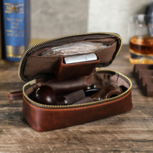 Genuine Leather Tobacco Pipe Case Holds 2 Pipes with Smoking Accessories Storage